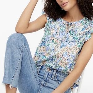 J. Crew Factory Blouse Ruffled Flutter Sleeve Mini Floral Tie Front Coquette XS